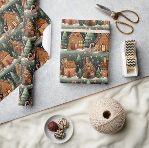 Papier Cadeau Vintage Aquarelle pain d'épices maisons Noël