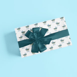Papier Cadeau Vintage bébé transport mignon bleu motif floral