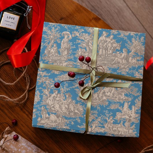 Papier Cadeau Vintage bleu turquoise de jouy imprimé