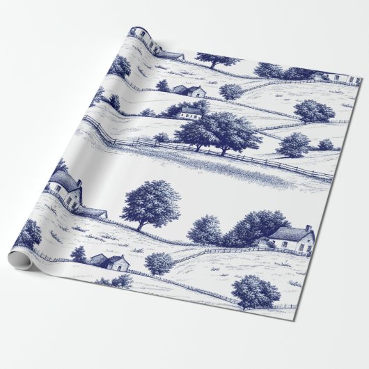 Papier Cadeau Vintage Blue Toile Landscape (3) (Déroulé)