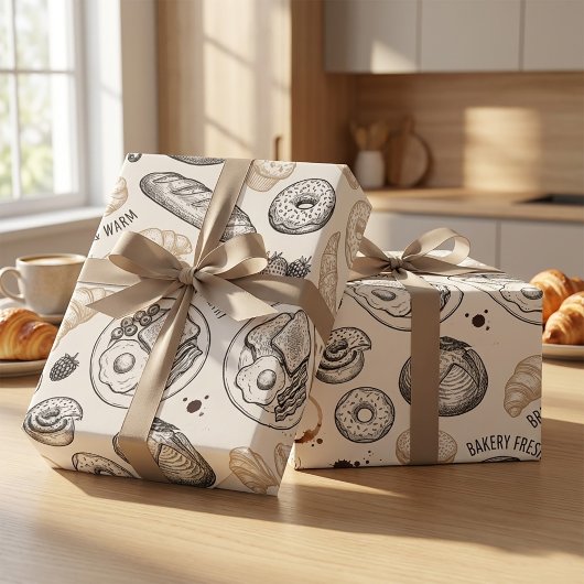 Papier Cadeau Vintage Breakfast Bakery Seamless Pattern