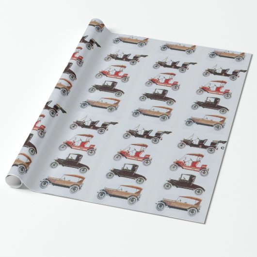 Papier Cadeau VINTAGE CARS rouge blanc gris noir (Déroulé)