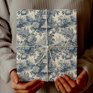 Papier Cadeau Vintage Chic Bleu Floral Toile de Jouy