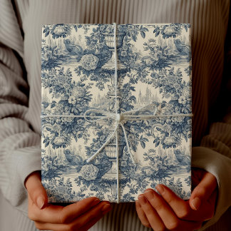 Papier Cadeau Vintage Chic Bleu Toile de Jouy Floral