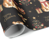 Papier Cadeau Vintage Christmas Tiger with Tree Black (Coin rond)