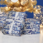 Papier Cadeau Vintage Classique Cute Joyeux Noël Ville<br><div class="desc">Design vintage et bleu-blanc "Old World Christmas Village" (carrelage).</div>