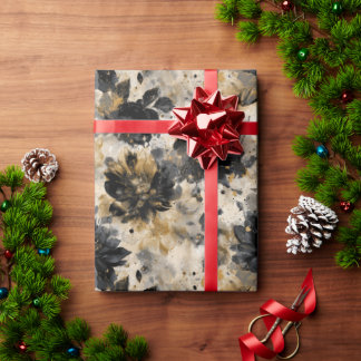 Papier Cadeau Vintage Distressed Black Flowers Beige Background