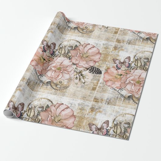 Papier Cadeau Vintage Ephémère Rustique rose Floral (Déroulé)
