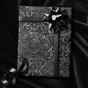 Papier Cadeau Vintage Fleur de Lis Black Silver Grunge Damask