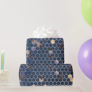 Papier Cadeau Vintage Fleurs d'abeilles bleues romantiques