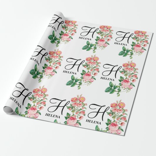 Papier Cadeau Vintage Floral Botanique Customisé Monogramme (Déroulé)