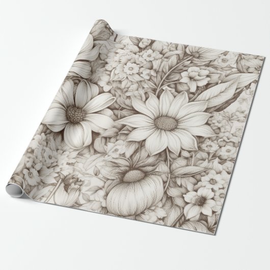 Papier Cadeau Vintage Floral Sepia Motif (5) (Déroulé)