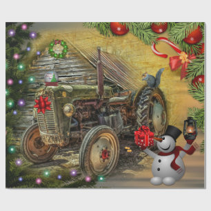 Papier Cadeau Vintage Green Farm Tracteur Noël Rustic Grange