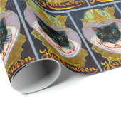Papier Cadeau Vintage Halloween chat noir sorcellerie (Coin rond)