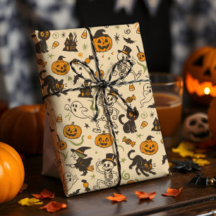 Papier Cadeau Vintage Halloween rétro squelette sorcière nostalg