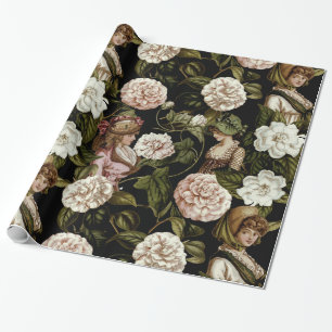 Papier Cadeau Vintage Lady Retro Fleur Botanique Motif Floral