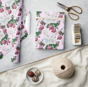 Papier Cadeau Vintage lapin rose lapin Rose Floral mignonne Moti
