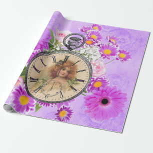 Papier Cadeau Vintage Montre Fille Horloge Violet Floral Cadeau