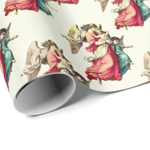 Papier Cadeau Vintage Noël Ange Enfants Vacances Ivoire