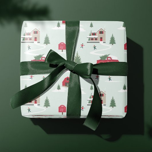 Papier Cadeau Vintage Noël Arbre Paysage Agricole Monogramme