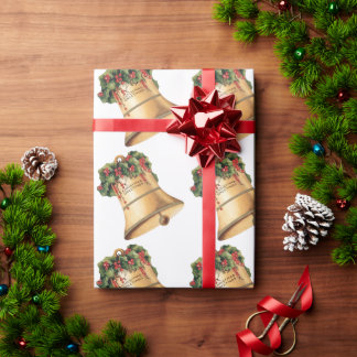 Papier Cadeau Vintage Noël Cloches Dorées, Meilleurs Vœux de la