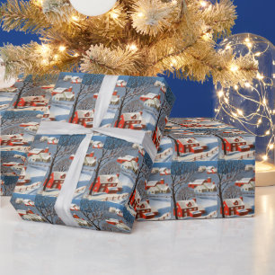 Papier Cadeau Vintage Noël Pays Village Maisons rouges