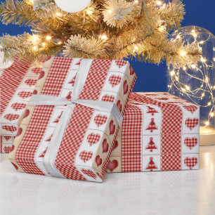 Papier Cadeau Vintage, Noël, Red Check, Coeurs de pays