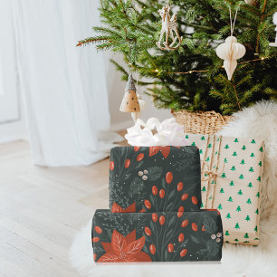 Papier Cadeau Vintage Noël Rouge Poinsettia Motif