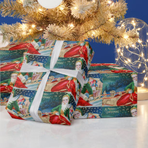 Papier Cadeau Vintage noël santa claus avec cadeaux et neige