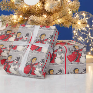 Papier Cadeau Vintage Noël Snowman Danser Avec Fille
