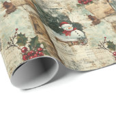 Papier Cadeau Vintage Noël Snowman Ephemera Collage (Coin rond)