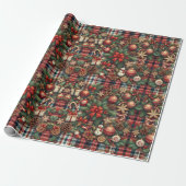 Papier Cadeau Vintage Noël Verdure Botanique Plaid Motif (Déroulé)