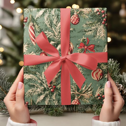 Papier Cadeau Vintage Noël Vert & Rouge