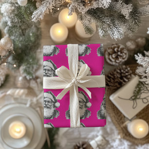 Papier Cadeau Vintage noir et blanc Père Noël rose chaud