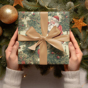 Papier Cadeau Vintage Père Noël Arbre de Noël Motif