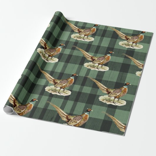 Papier Cadeau Vintage Pheasant Bird on Green Plaid (Déroulé)