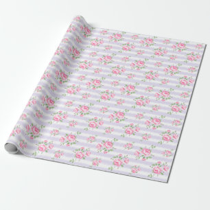 Papier Cadeau Vintage rayure et fleurie rose classique lavendar