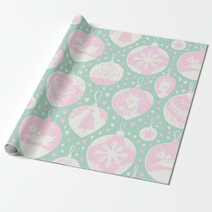 Papier Cadeau Vintage rennes de Noël boisé vert rose