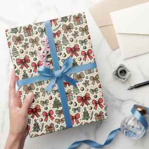 Papier Cadeau Vintage Rétro Pois de Noël Bows Motif