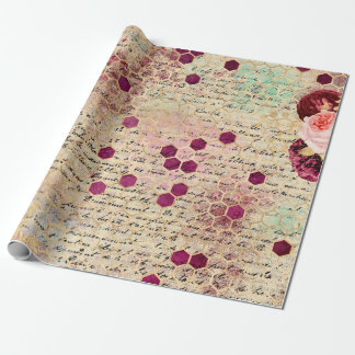 Papier Cadeau Vintage Romantique Bee Floral Bourgogne Or