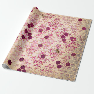 Papier Cadeau Vintage romantique Damask Bee Burgundy Gold