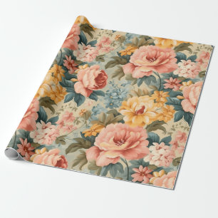 Papier Cadeau Vintage rose jaune bleu floral