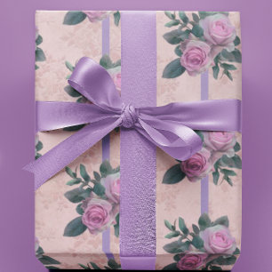 Papier Cadeau Vintage rose Roses Antique Damask Ribbon