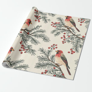 Papier Cadeau Vintage Rouge Cardinal Pine Baie Crème Noël