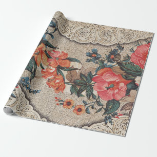 Papier Cadeau Vintage rouge orange blanc motif