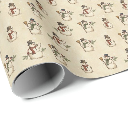 Papier Cadeau Vintage Rustic Snowman Wrapping Paper (Coin rond)