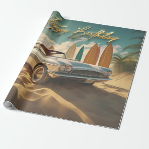 Papier Cadeau Vintage Sports voiture plage tropicale Joyeux anni