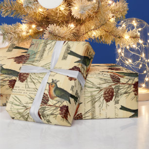 Papier Cadeau Vintage Tan Birds Pine Cônes Noël