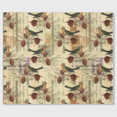 Papier Cadeau Vintage Tan Birds Pine Cônes Noël (Plat)