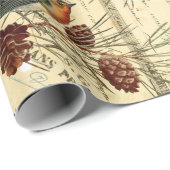 Papier Cadeau Vintage Tan Birds Pine Cônes Noël (Coin rond)